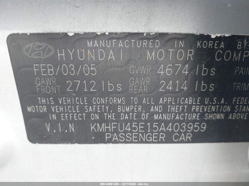 2005 Hyundai Xg350 L VIN: KMHFU45E15A403959 Lot: 43961350