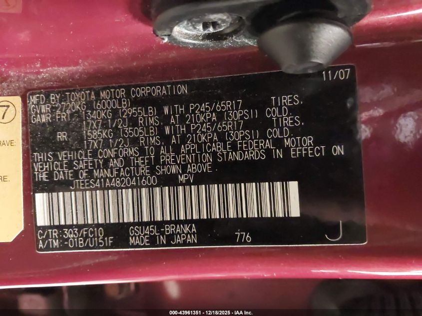 2008 Toyota Highlander VIN: JTEES41A482041600 Lot: 43961351