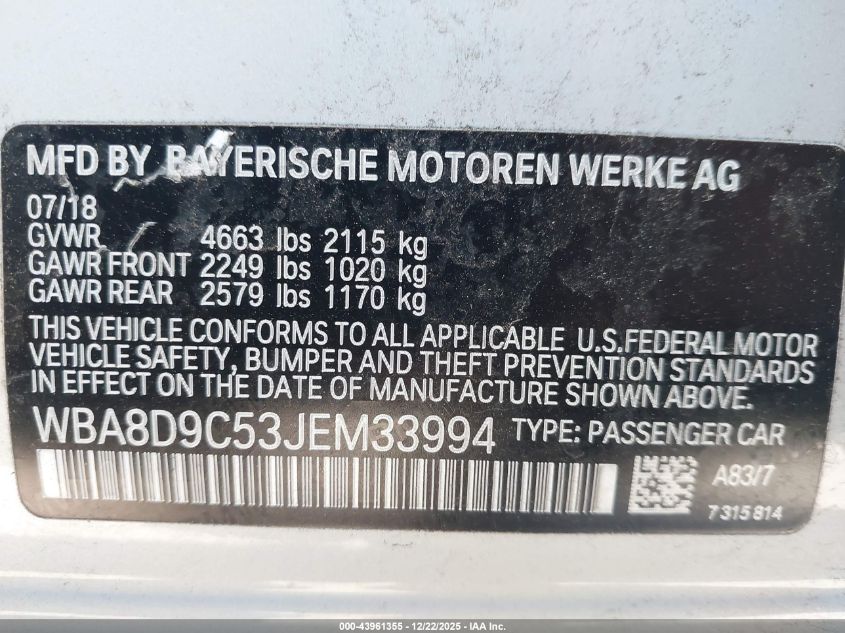 2018 BMW 330I xDrive VIN: WBA8D9C53JEM33994 Lot: 43961355