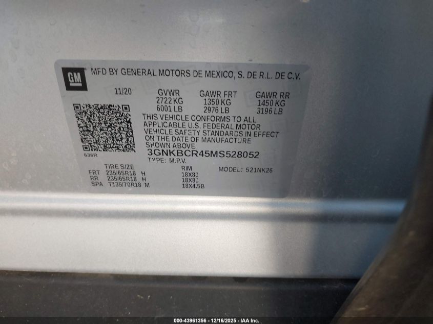 2021 Chevrolet Blazer Fwd 2Lt VIN: 3GNKBCR45MS528052 Lot: 43961356