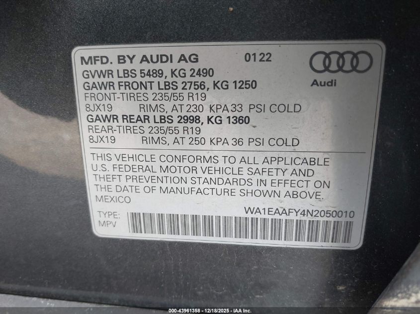 2022 Audi Q5 Premium Plus 45 Tfsi S Line Quattro S Tronic VIN: WA1EAAFY4N2050010 Lot: 43961358