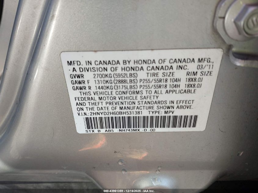 2011 Acura Mdx Technology Package VIN: 2HNYD2H60BH531381 Lot: 43961359