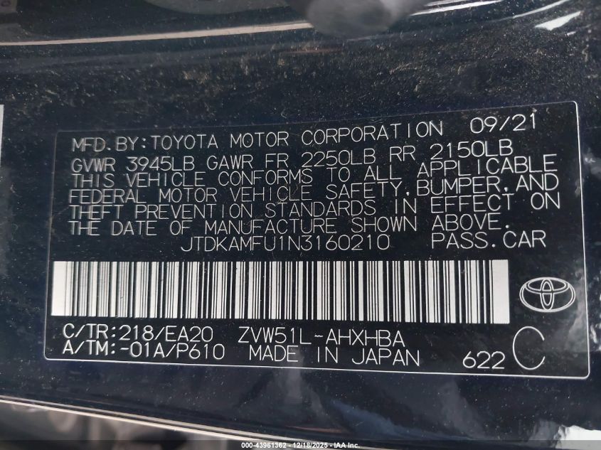 2022 Toyota Prius Nightshade Edition VIN: JTDKAMFU1N3160210 Lot: 43961362