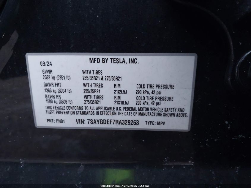 2024 Tesla Model Y Performance Dual Motor All-Wheel Drive VIN: 7SAYGDEF7RA329263 Lot: 43961364
