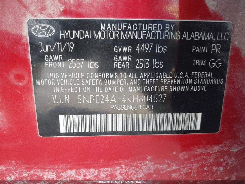 2019 Hyundai Sonata Se VIN: 5NPE24AF4KH804527 Lot: 43961365
