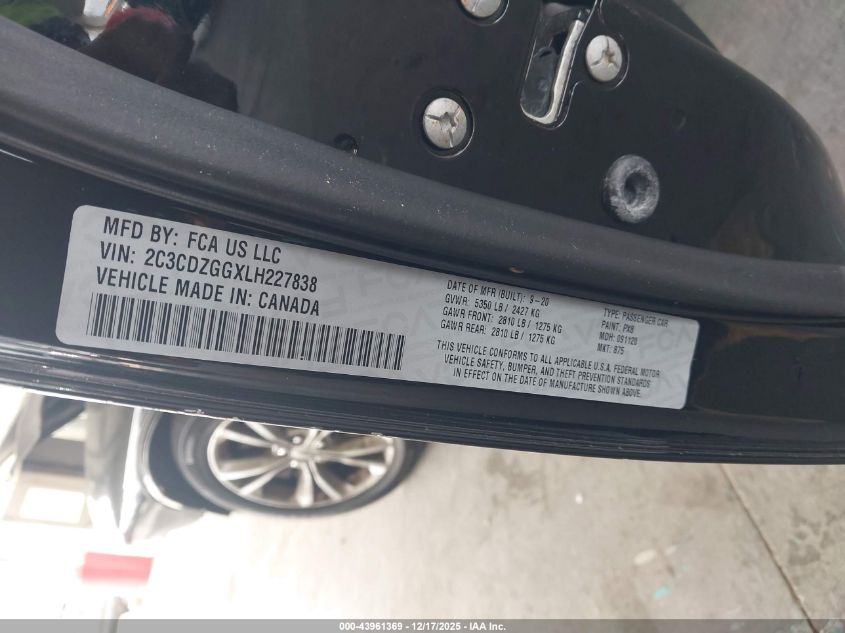 2020 Dodge Challenger Sxt VIN: 2C3CDZGGXLH227838 Lot: 43961369