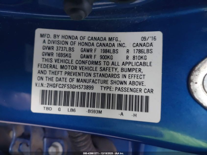 2016 Honda Civic Lx VIN: 2HGFC2F53GH573899 Lot: 43961371