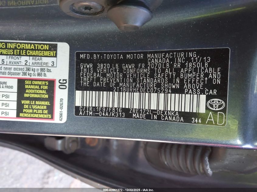 2014 Toyota Corolla Le VIN: 2T1BURHE0EC075294 Lot: 43961372