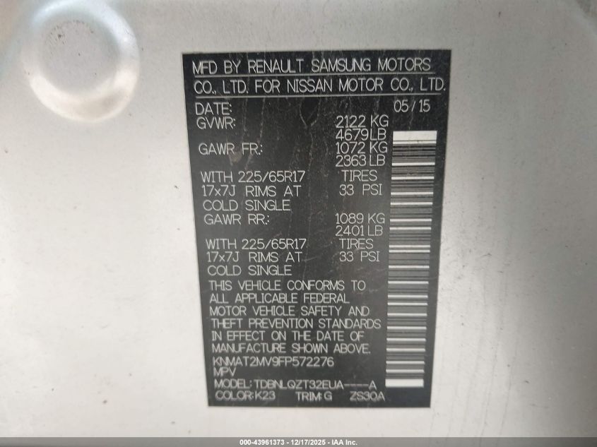 2015 Nissan Rogue Sv VIN: KNMAT2MV9FP572276 Lot: 43961373