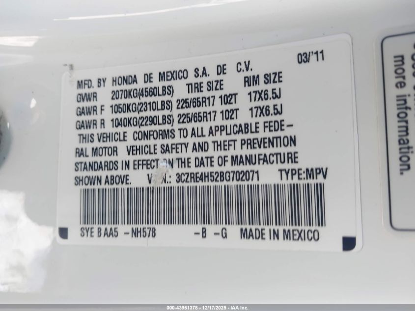 2011 Honda Cr-V Ex VIN: 3CZRE4H52BG702071 Lot: 43961378