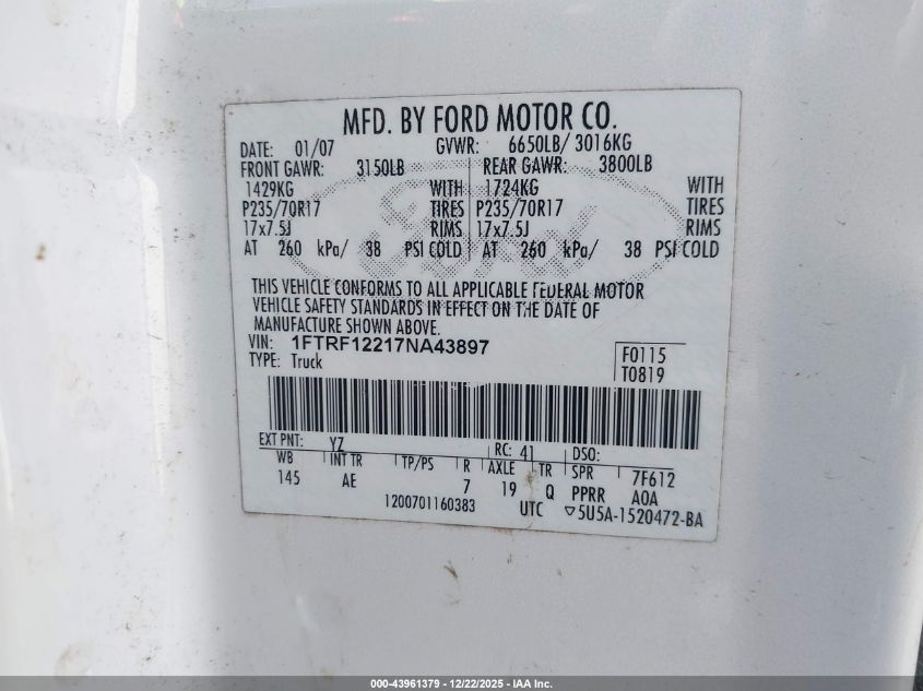 2007 Ford F-150 Stx/Xl/Xlt VIN: 1FTRF12217NA43897 Lot: 43961379