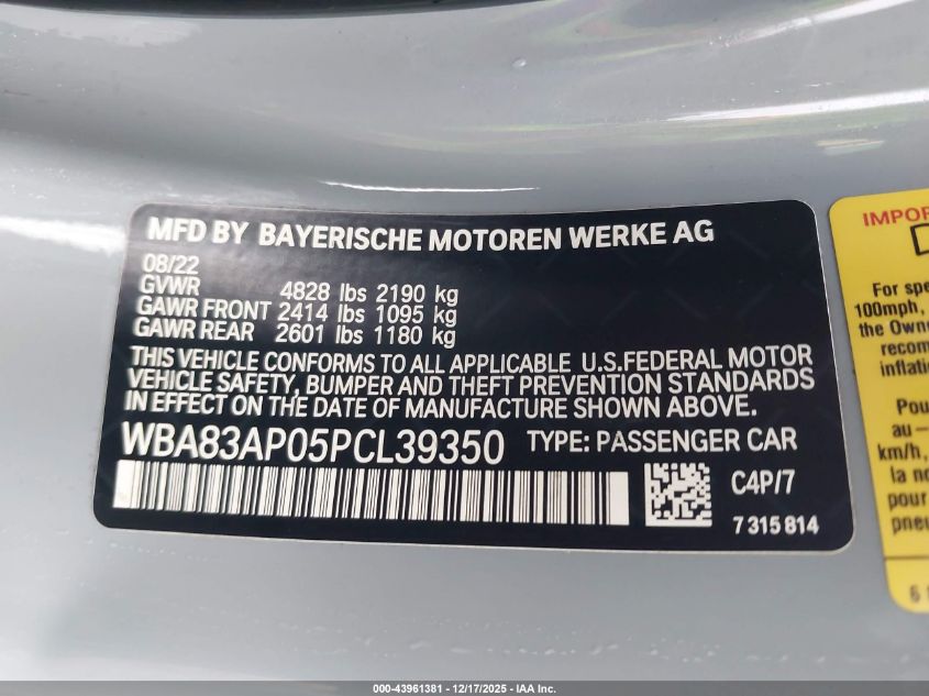 2023 BMW M440I VIN: WBA83AP05PCL39350 Lot: 43961381