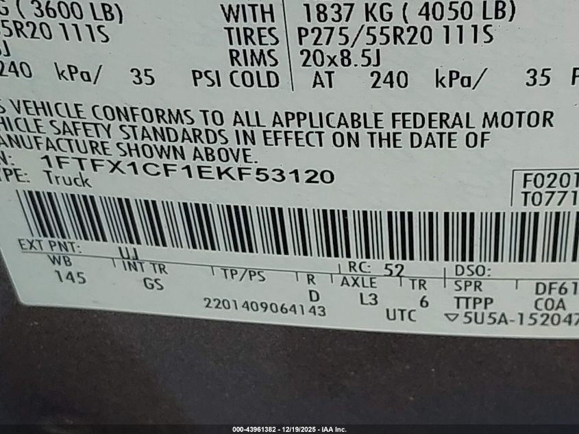 2014 Ford F-150 Xlt VIN: 1FTFX1CF1EKF53120 Lot: 43961382
