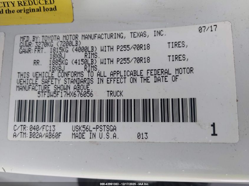 2017 Toyota Tundra Sr5 5.7L V8 VIN: 5TFDW5F17HX676056 Lot: 43961383