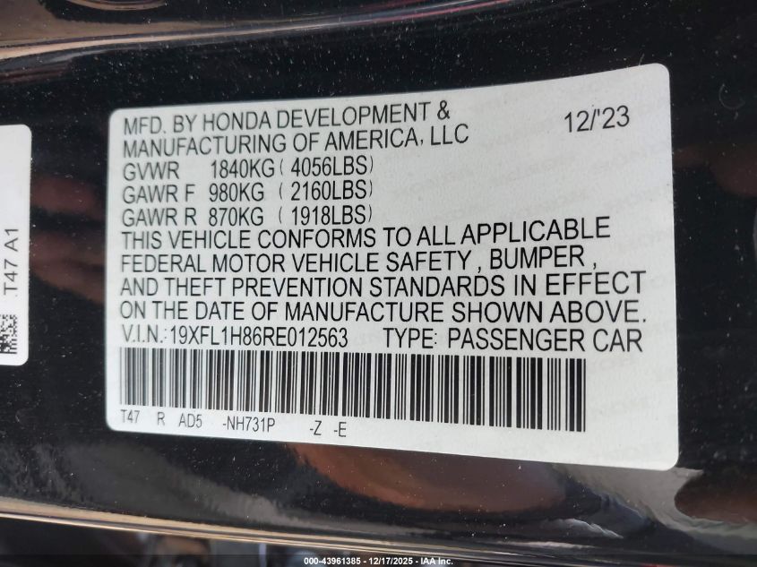 2024 Honda Civic Sport Touring VIN: 19XFL1H86RE012563 Lot: 43961385