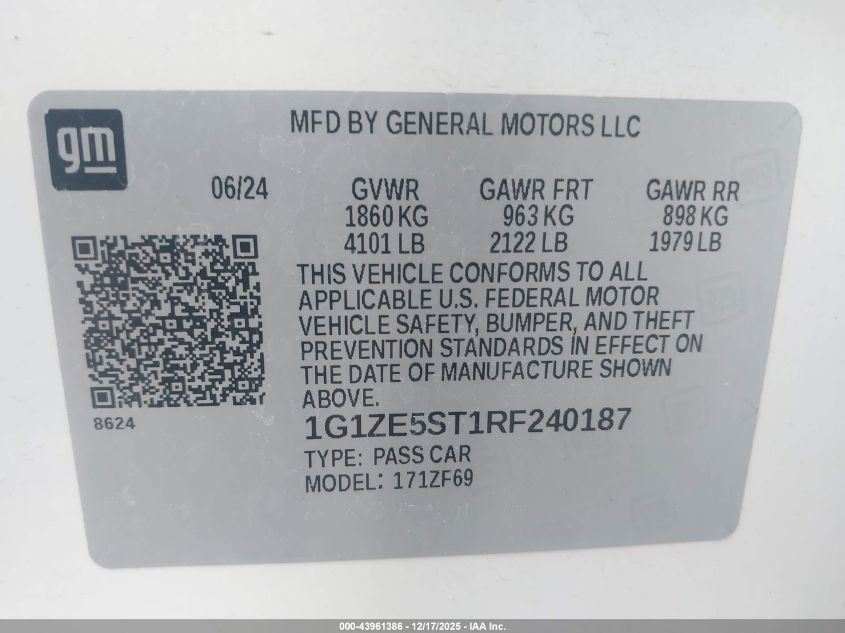 2024 Chevrolet Malibu Fwd 2Lt VIN: 1G1ZE5ST1RF240187 Lot: 43961386