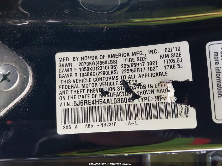 2010 Honda Cr-V Ex VIN: 5J6RE4H54AL036042 Lot: 43961387