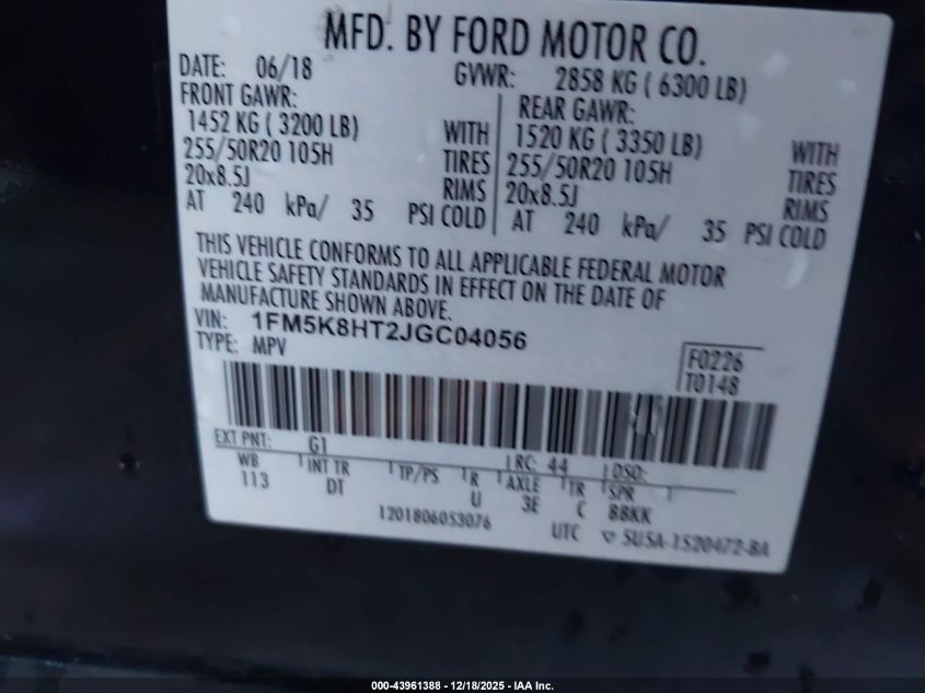 2018 Ford Explorer Platinum VIN: 1FM5K8HT2JGC04056 Lot: 43961388