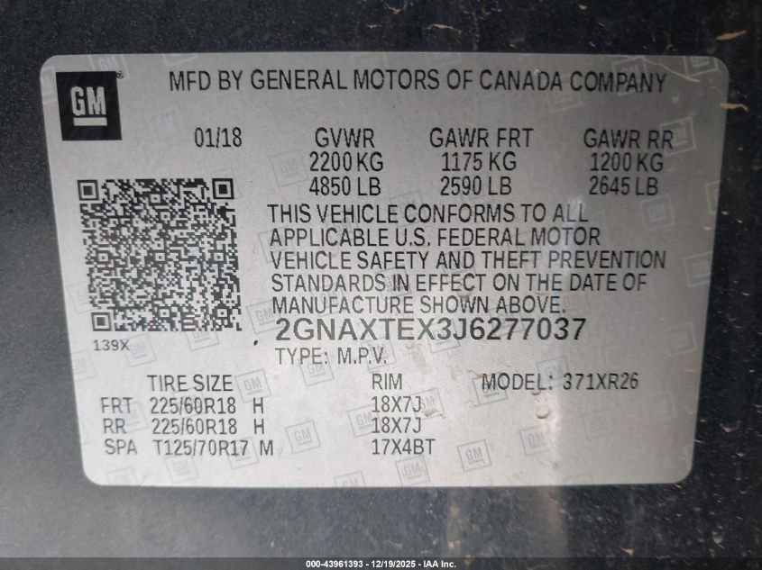 2018 Chevrolet Equinox Lt VIN: 2GNAXTEX3J6277037 Lot: 43961393