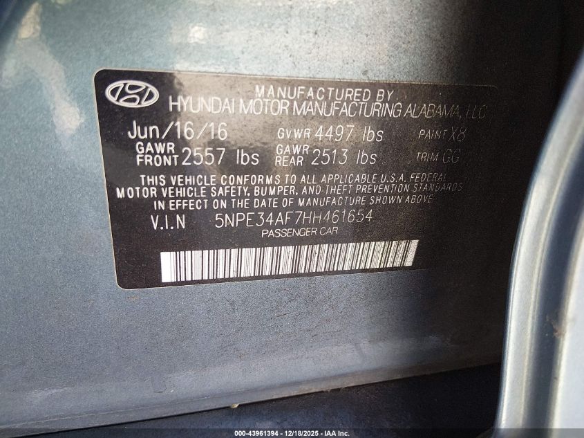 2017 Hyundai Sonata Sport VIN: 5NPE34AF7HH461654 Lot: 43961394