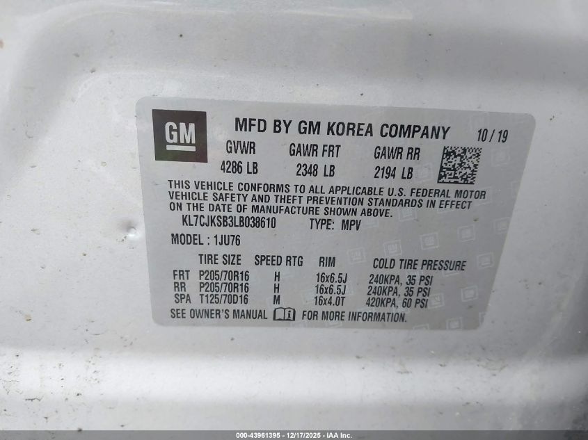 2020 Chevrolet Trax Fwd Ls VIN: KL7CJKSB3LB038610 Lot: 43961395