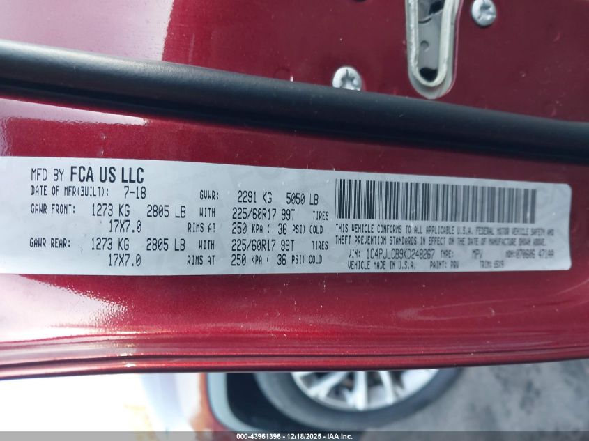 2019 Jeep Cherokee Latitude Fwd VIN: 1C4PJLCB9KD248267 Lot: 43961396