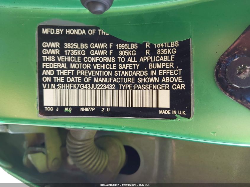 2018 Honda Civic Sport VIN: SHHFK7G43JU223432 Lot: 43961397