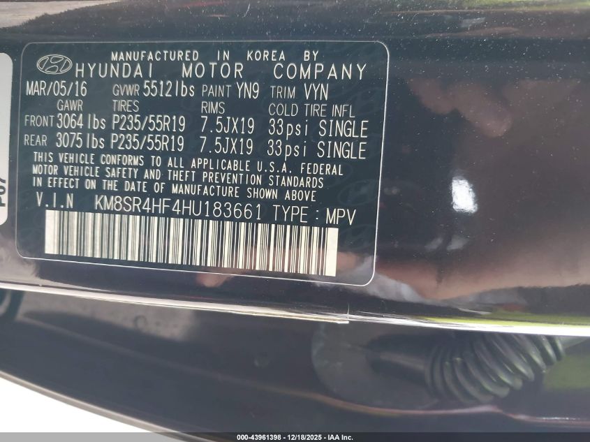 2017 Hyundai Santa Fe Limited Ultimate VIN: KM8SR4HF4HU183661 Lot: 43961398