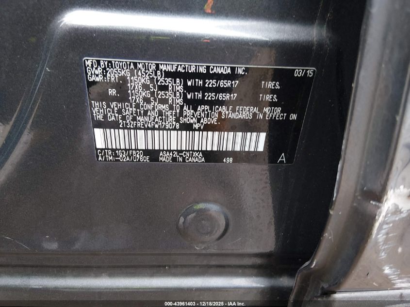 2015 Toyota Rav4 Le VIN: 2T3ZFREV4FW179078 Lot: 43961403