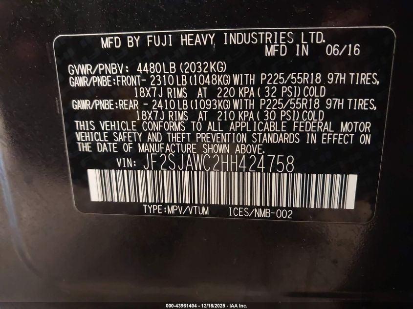 2017 Subaru Forester 2.5I Touring VIN: JF2SJAWC2HH424758 Lot: 43961404