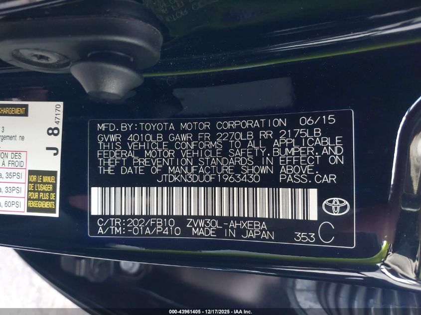 2015 Toyota Prius VIN: JTDKN3DU0F1963430 Lot: 43961405