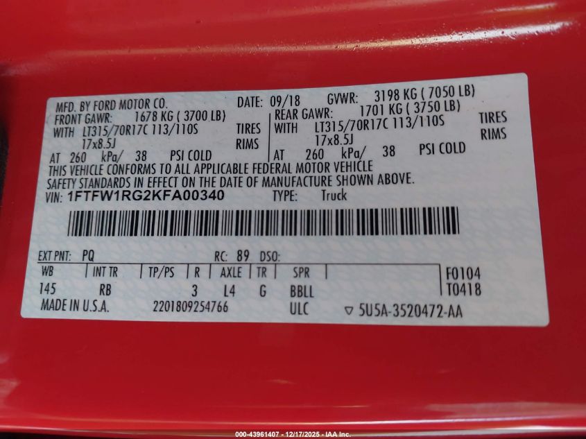 2019 Ford F-150 Raptor VIN: 1FTFW1RG2KFA00340 Lot: 43961407