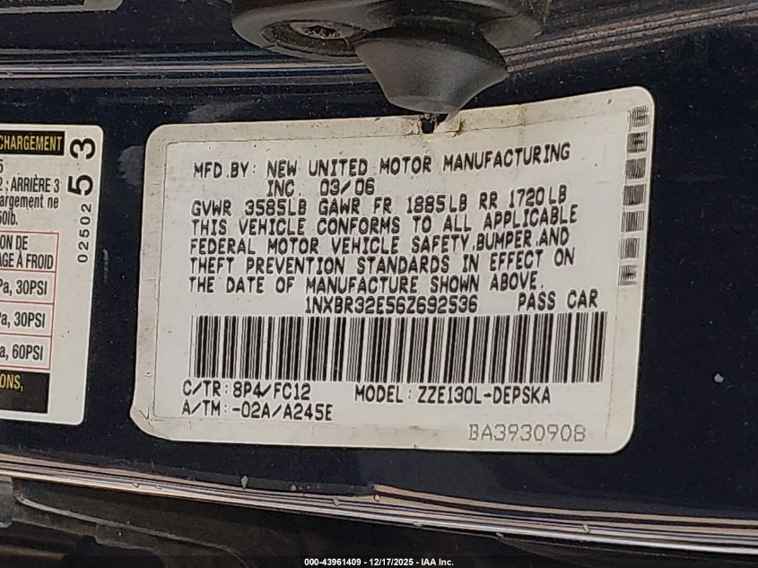 2006 Toyota Corolla S VIN: 1NXBR32E56Z692536 Lot: 43961409