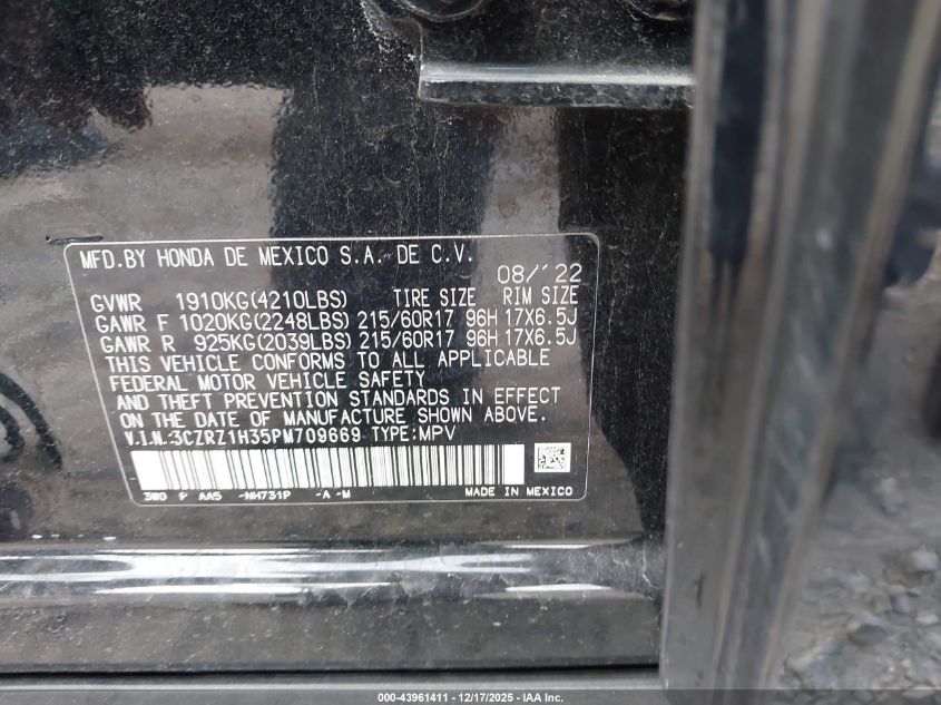 2023 Honda Hr-V 2Wd Lx VIN: 3CZRZ1H35PM709669 Lot: 43961411