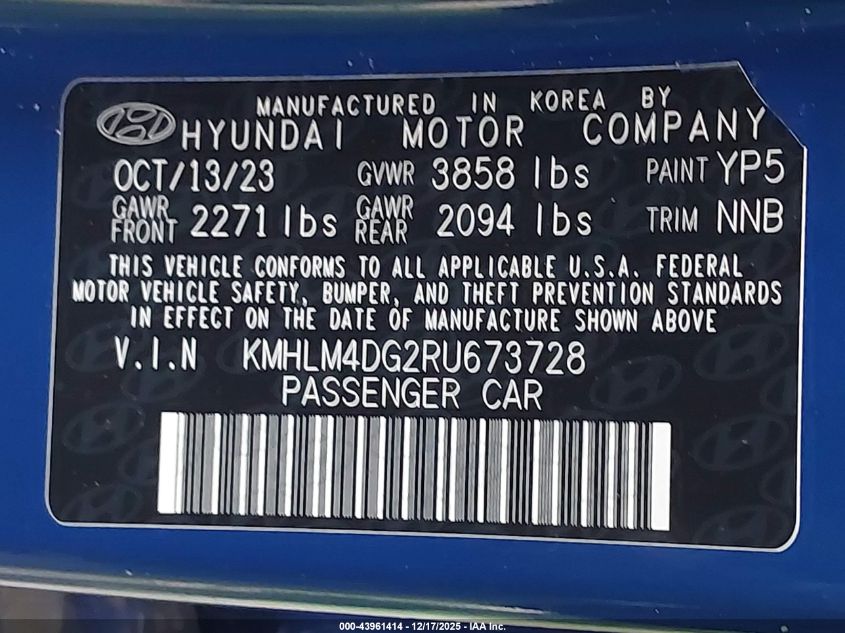 2024 Hyundai Elantra Sel VIN: KMHLM4DG2RU673728 Lot: 43961414