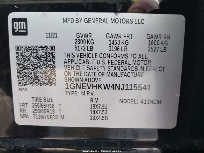 2022 Chevrolet Traverse Awd Lt Leather VIN: 1GNEVHKW4NJ115541 Lot: 44016924