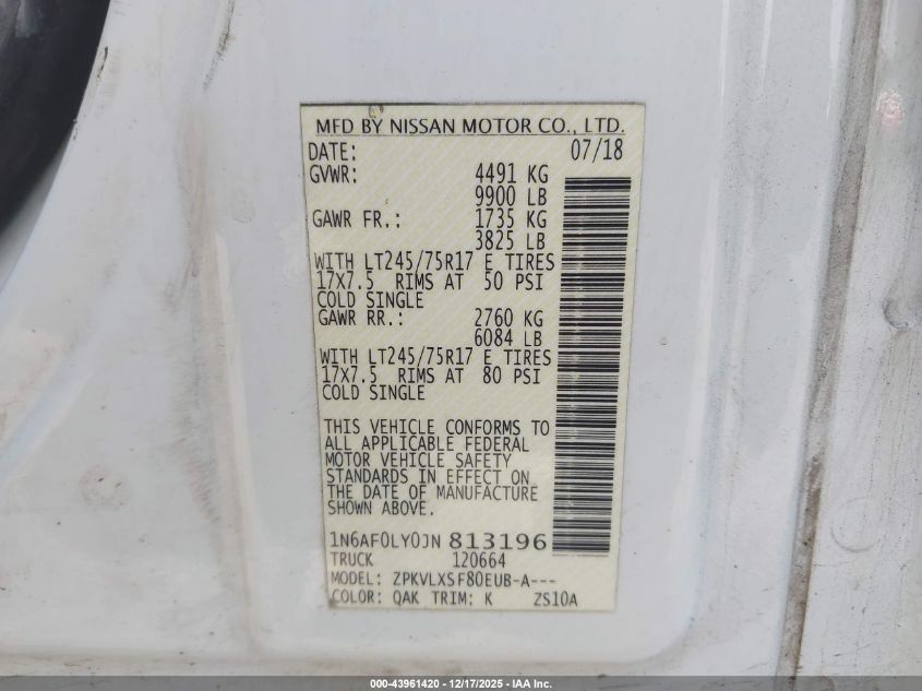 2018 Nissan Nv Cargo Nv3500 Hd Sv V8 VIN: 1N6AF0LY0JN813196 Lot: 43961420