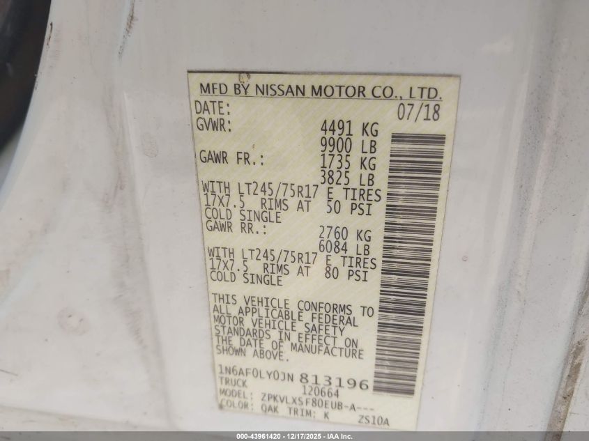 2018 Nissan Nv Cargo Nv3500 Hd Sv V8 VIN: 1N6AF0LY0JN813196 Lot: 43961420