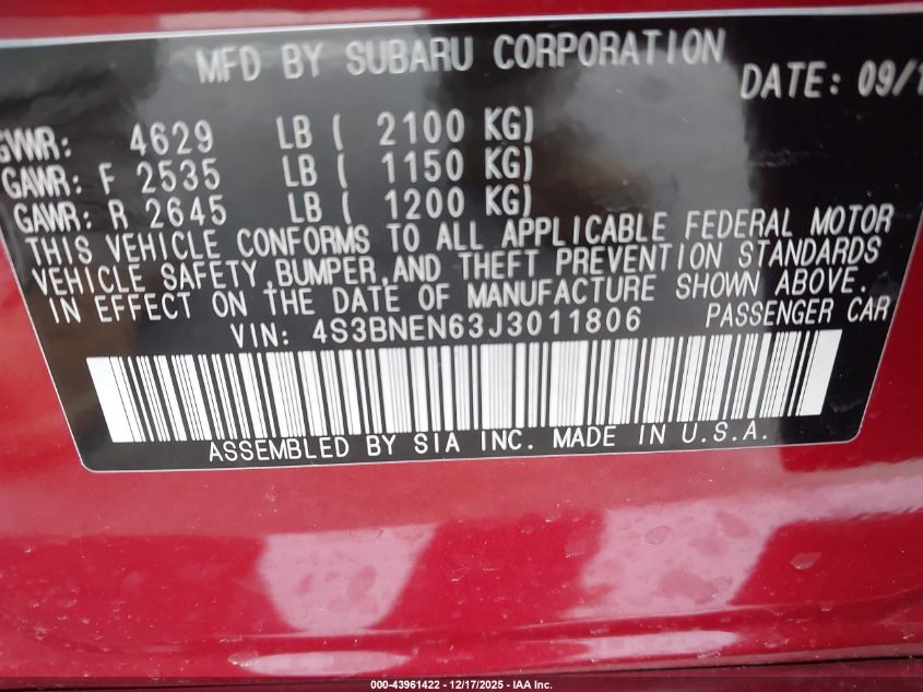 2018 Subaru Legacy 3.6R Limited VIN: 4S3BNEN63J3011806 Lot: 43961422