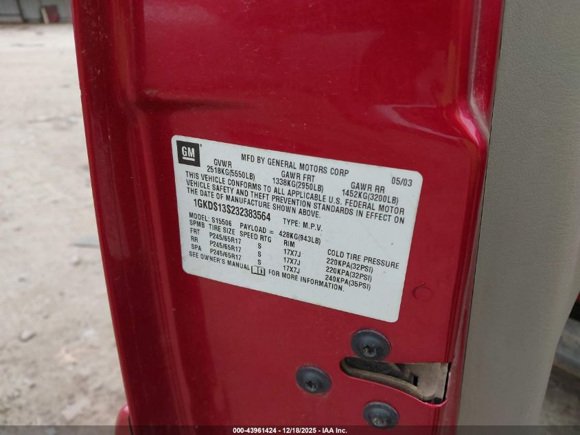 2003 GMC Envoy Slt VIN: 1GKDS13S232383564 Lot: 43961424