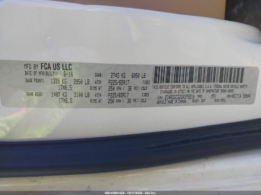 2016 Dodge Grand Caravan Sxt VIN: 2C4RDGCG2GR375210 Lot: 43961425