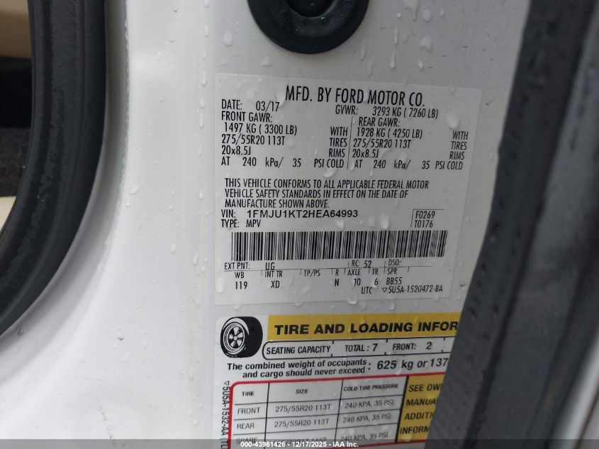 2017 Ford Expedition Limited VIN: 1FMJU1KT2HEA64993 Lot: 43961426