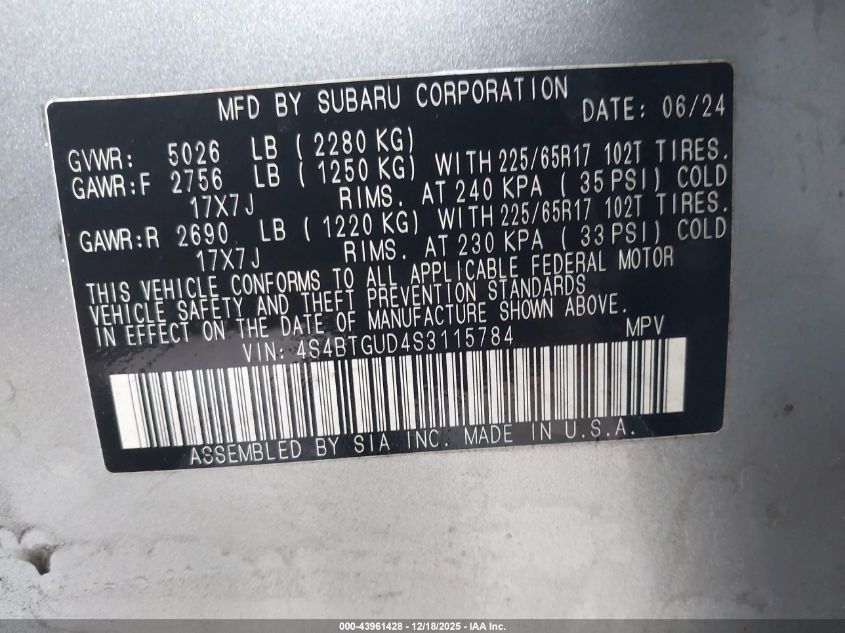 2025 Subaru Outback Wilderness VIN: 4S4BTGUD4S3115784 Lot: 43961428