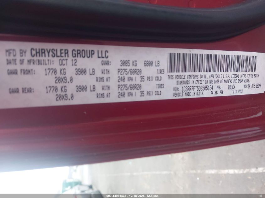 2013 Ram 1500 Express VIN: 1C6RR7FT5DS505184 Lot: 43961433