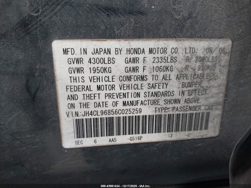 2006 Acura Tsx VIN: JH4CL96856C025259 Lot: 43961434