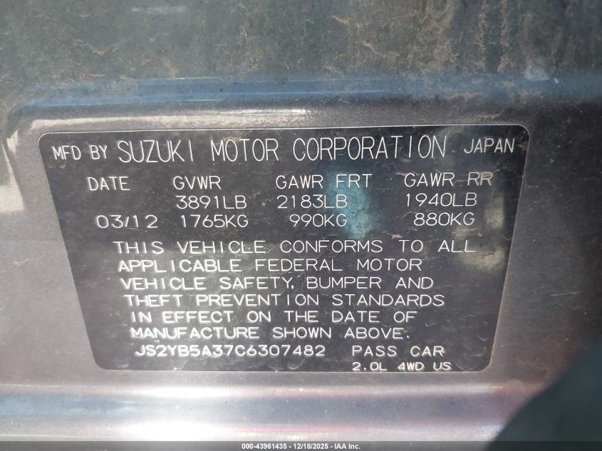 2012 Suzuki Sx4 Premium/Tech Valu Pkg (Nav) VIN: JS2YB5A37C6307482 Lot: 43961435