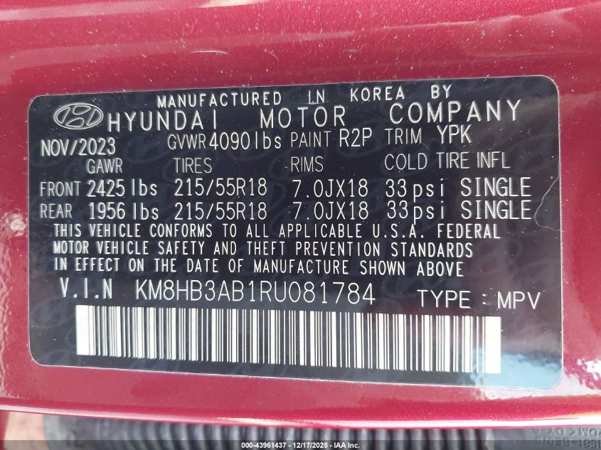 2024 Hyundai Kona Sel VIN: KM8HB3AB1RU081784 Lot: 43961437