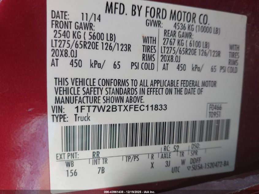 2015 Ford F-250 Lariat VIN: 1FT7W2BTXFEC11833 Lot: 43961438