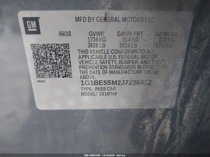 2018 Chevrolet Cruze Lt Auto VIN: 1G1BE5SM2J7236612 Lot: 43961439