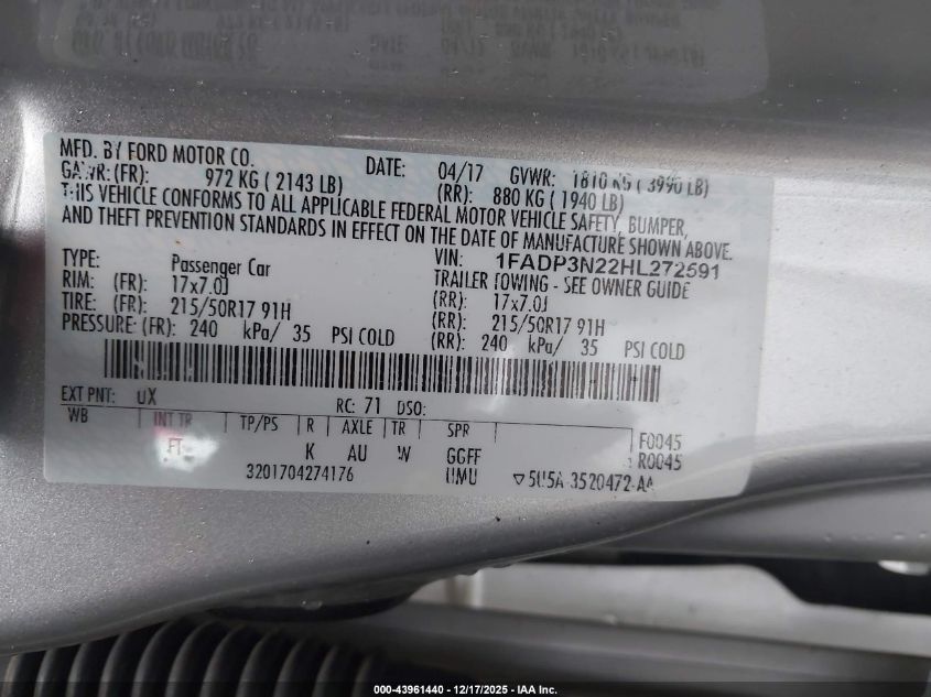 2017 Ford Focus Titanium VIN: 1FADP3N22HL272591 Lot: 43961440